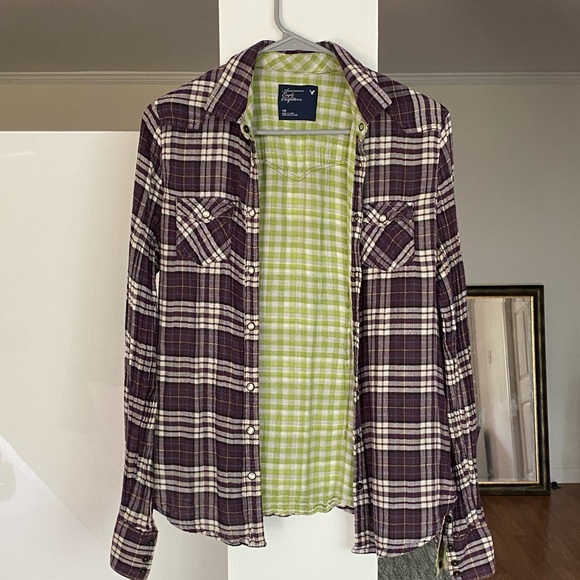 Purple & green plaid button down Am eagle - Picture 3 of 3